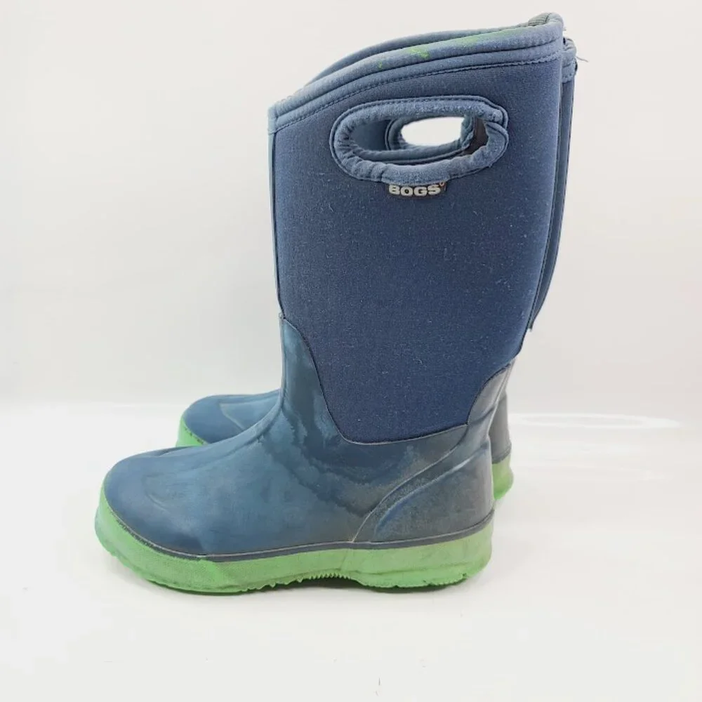 Bogs Girl's Navy Green Classic Mid-Calf‎ Rubber Outdoor Rain Boot Size 4